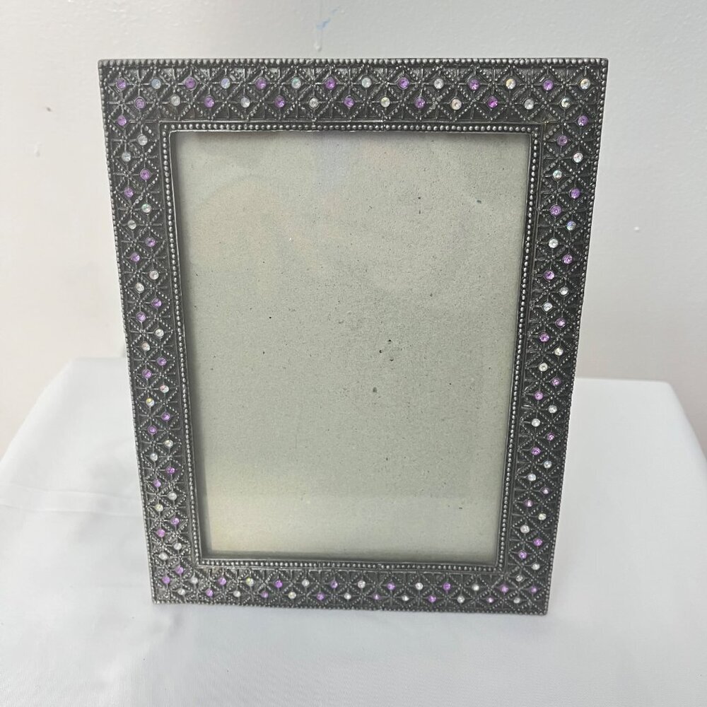 Vintage Gun‎ Metal Picture Frame With Purple & Clear Gem Accents For 4x6 Photos